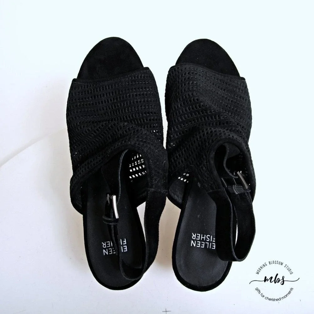 Eileen Fisher Aura Suede Slingback Espadrille Wedges Black‎ Women 9